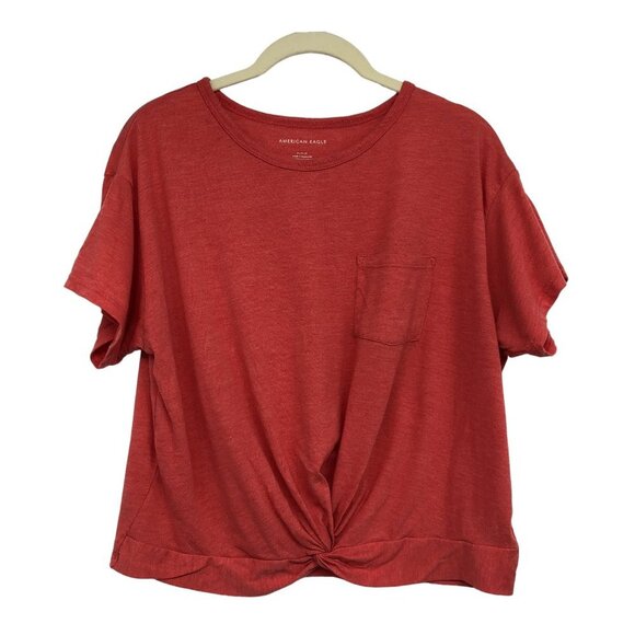 American Eagle AEO Red Coral short sleeve knot front cropped tee shirt M - Picture 1 of 15